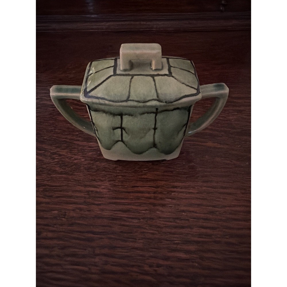 Vintage MCM Ceramic Green Drip Glaze Covered Sugar Bowl Made In Japan